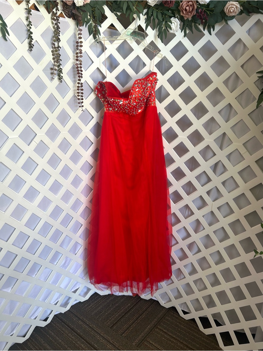 Red Rhinestone Strapless Prom Dress Tulle Formal Gown Small